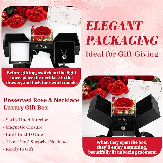 FIACO Gifts for Mom Preserved Real Roses with I Love You Necklace Fresh Forever Flowers Mothers Day Flower Gifts for Women Grandma Anniversary Birthday Gift for Girlfriend Wife Daughter