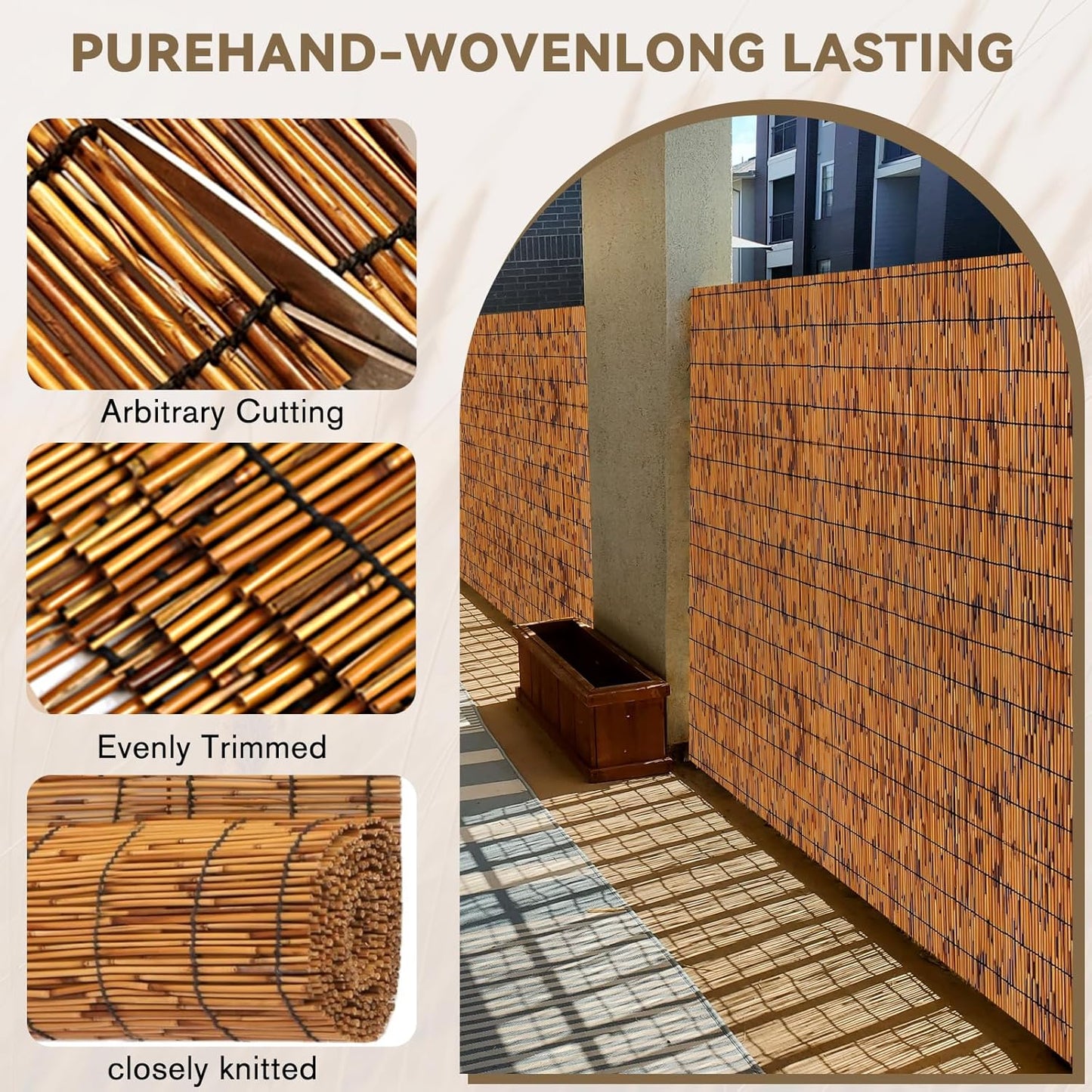 Bamboo Privacy Fence, Light Russet Bamboo Reed Fencing 6ft High, Decorative Reed Rolls Privacy Screens for Patio Garden Balcony Backyard Outdoor, 6 x 6 FT