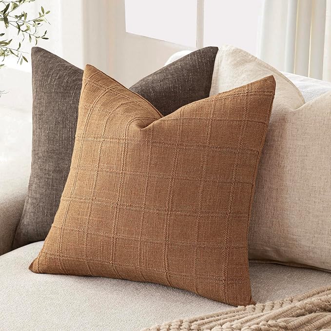 Foindtower Set of 2 Decorative Linen Check Throw Pillow Covers Neutral Farmhouse Vintage Cushion Covers Modern Boho Home Decor for Sofa Chair Couch Bedroom Living Room,20×20 Inch,Brick