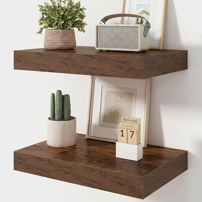 FLYJOE 20 Inch Floating Shelves, 12 Inch Deep Floating Shelves Set of 2, 20''W x 12''D Rustic Brown Wood Shelves for Wall, Bathroom Available, Engineered Wood, Mounting Hardware Included