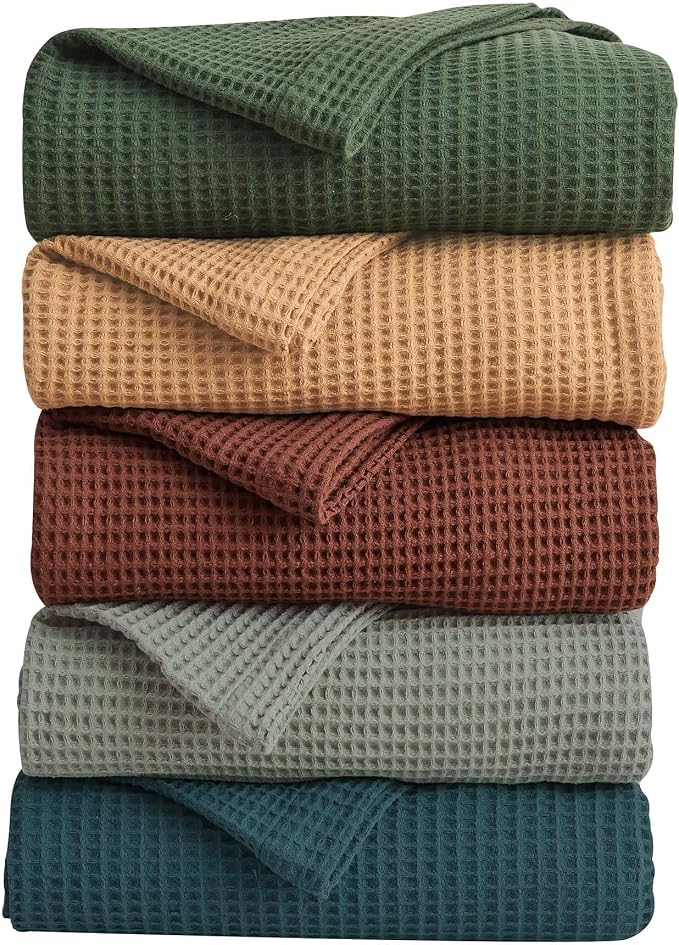 100% Cotton Green Blanket Twin Size for Bed - Breathable and Soft, Waffle Weave for Summer Spring, 90x66 Inches (Eucalyptus)