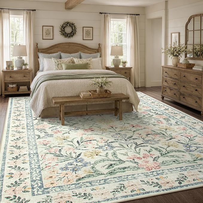 Wonnitar Large Living Room Rug, Floral 10 x 14 Machine Washable Area Rugs, Soft Boho Ultra-Thin Non-Shedding Indoor Aesthetic Carpet for Bedroom Dining Room Office
