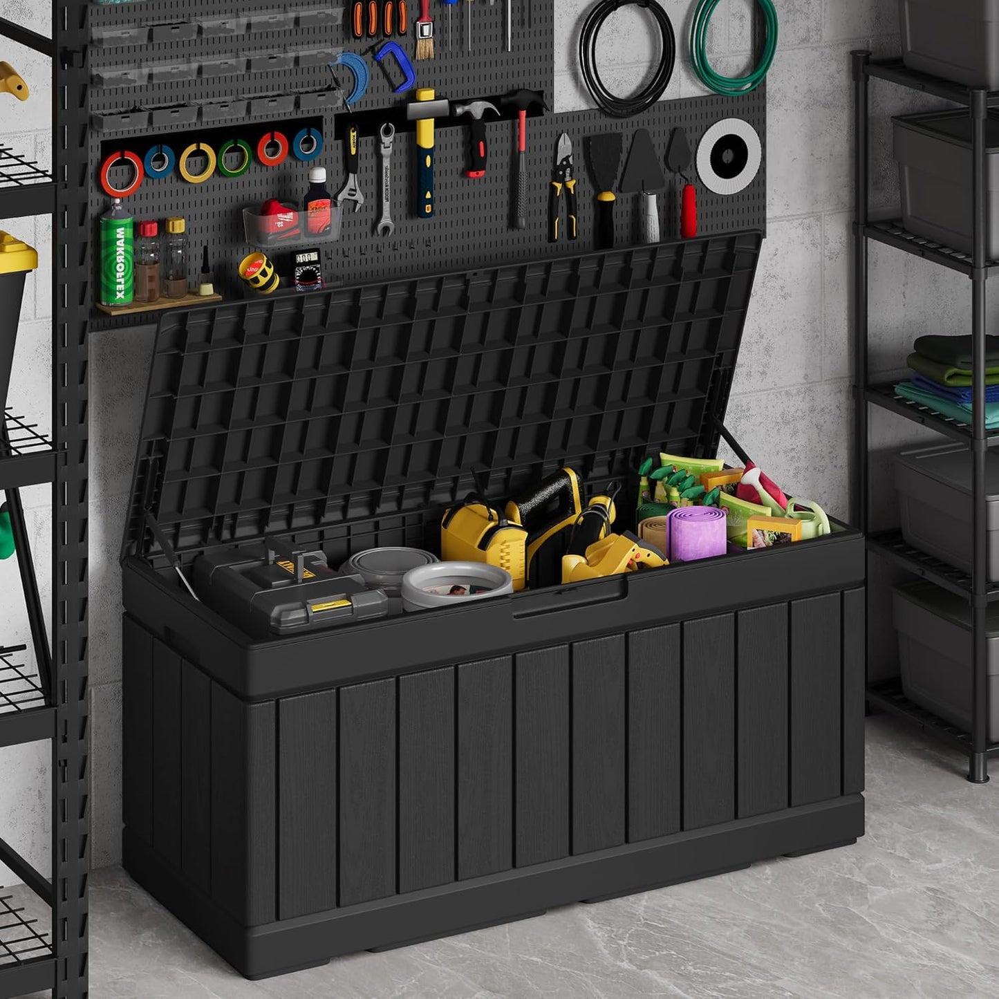 Devoko 80 Gallon Deck Box, Waterproof Resin Outdoor Storage Box for Outside and Patio, Outdoor Storage Bench Lockable for Patio Furniture, Garden Tools and Pool Supplies (Black, 80 Gallon)