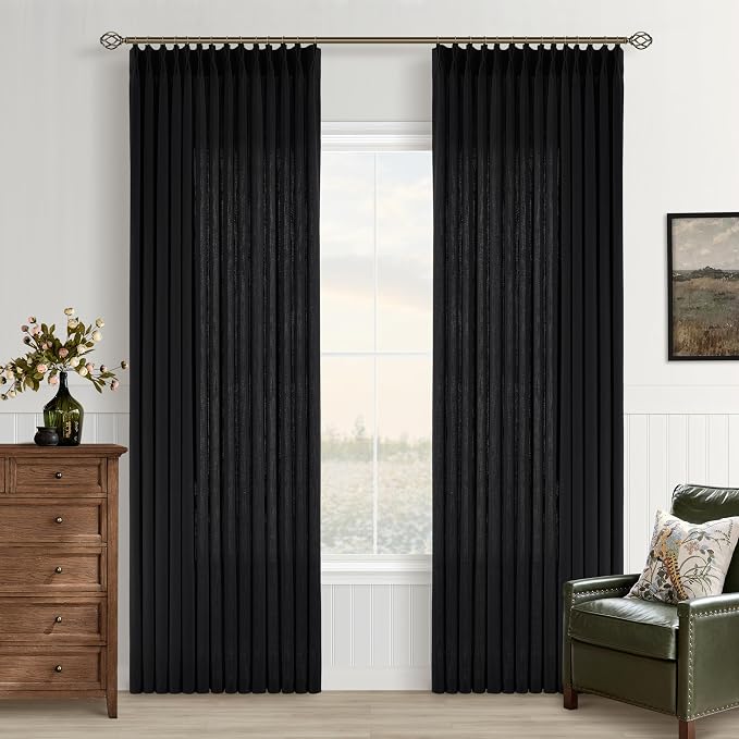 Black Pinch Pleated Semi Sheer Linen Curtains 84 Inch Long for Bedroom | Light Filtering Privacy, Living Room Glass Door, Faux Textured, Pinch Pleat Hook Rings Memory Shape, Luxury Elegant Modern