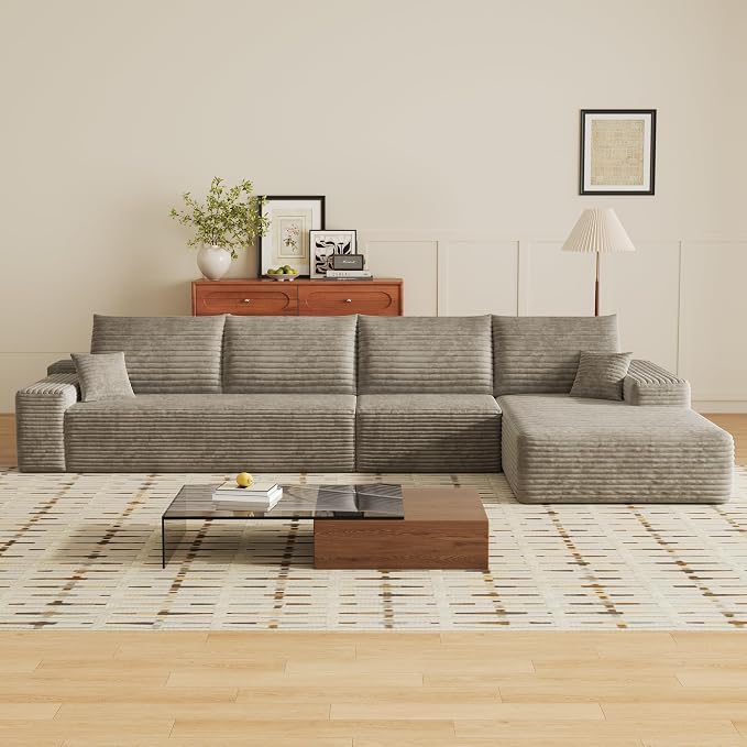 135" Corduroy Couch Sectional with Chaise, L Shape Boneless Cloud Couches for Living Room Bedroom, Fluffy Deep Seat Compression Sofa, Modular Corner Couch No Assembly, Right Facing Chaise, Camel