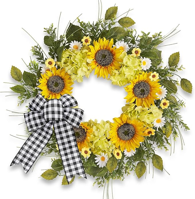 Sunflower Wreaths for Front Door, 22 Inch Spring and Summer Welcome Wreath with Bow for Farmhouse Porch Wall Window Home Decor for Indoor Outdoor Housewarming Gift