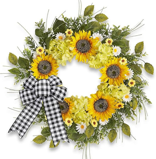 Sunflower Wreaths for Front Door, 22 Inch Spring and Summer Welcome Wreath with Bow for Farmhouse Porch Wall Window Home Decor for Indoor Outdoor Housewarming Gift