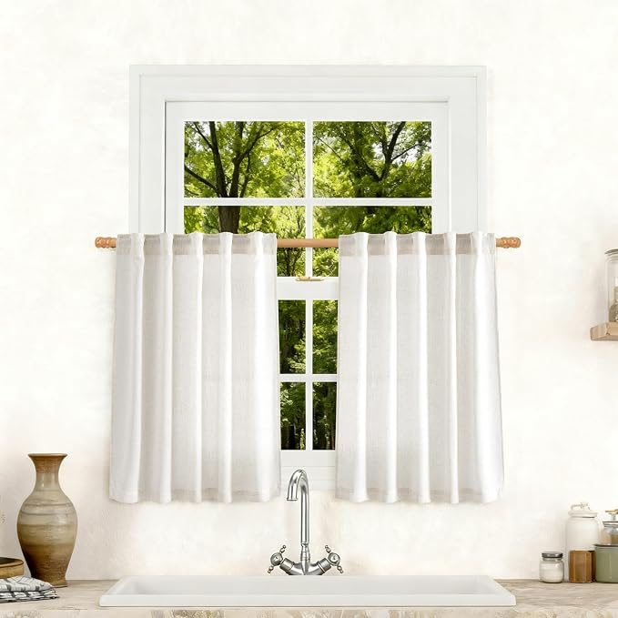 Jowels Natural Linen Curtains 45 Inch Long 2 Panels for Living Room | Ivory Light Filtering Sheer Curtain,Back Tab Pocket Pleated Look,Modern Farmhouse Textured Privacy Drapes for Bedroom Window