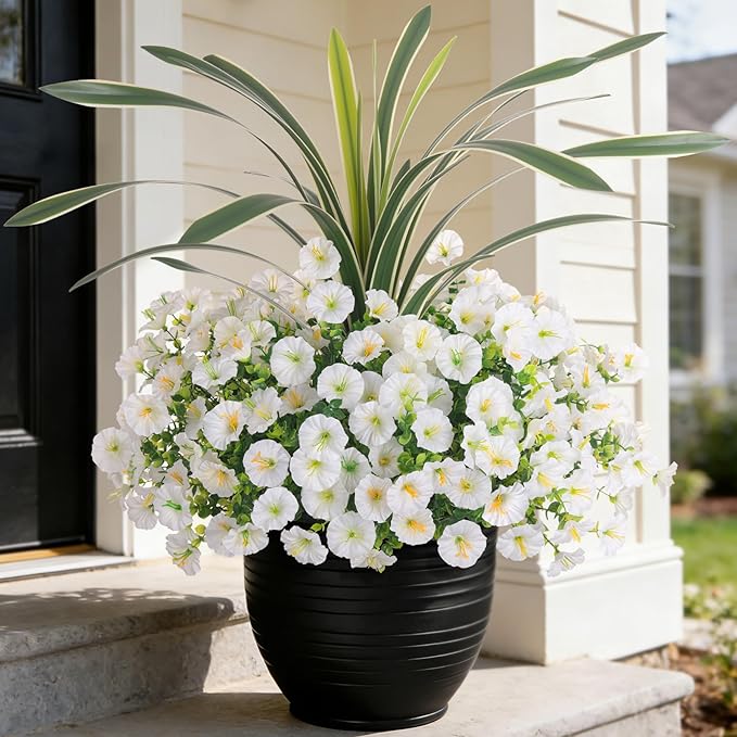 INXUGAO Artificial Flowers for Spring Outdoors Fake Plants Outside, 12 Bundles Silk Morning Glory with Eucalyptus UV Resistant Realistic Faux Flowers for Porch Planter Garden Patio Decor (White)