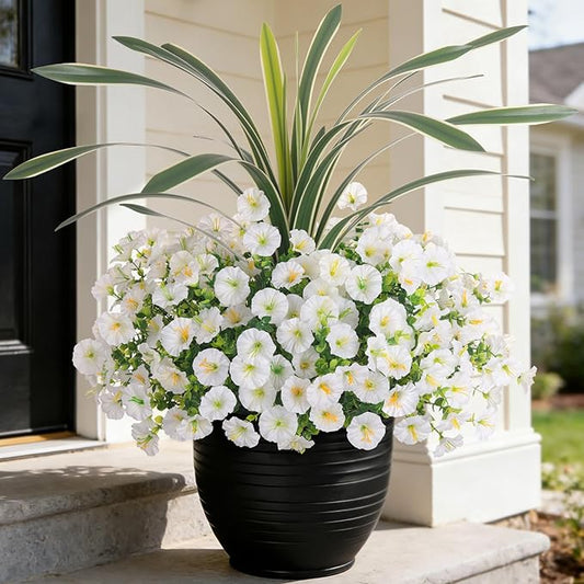 INXUGAO Artificial Flowers for Spring Outdoors Fake Plants Outside, 12 Bundles Silk Morning Glory with Eucalyptus UV Resistant Realistic Faux Flowers for Porch Planter Garden Patio Decor (White)