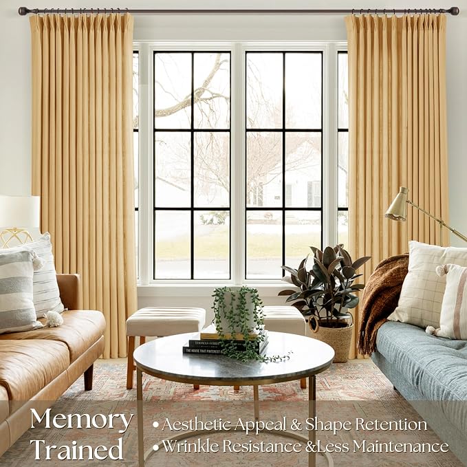 Pinch Pleated Mustard Yellow Linen Curtains 84 inches Long for Living Room 2 Panel Set Light Fitering Semi Sheer Yellow Window Curtain Pleat with Hooks Rustic Farmhouse Bedroom Drapes Length 84"