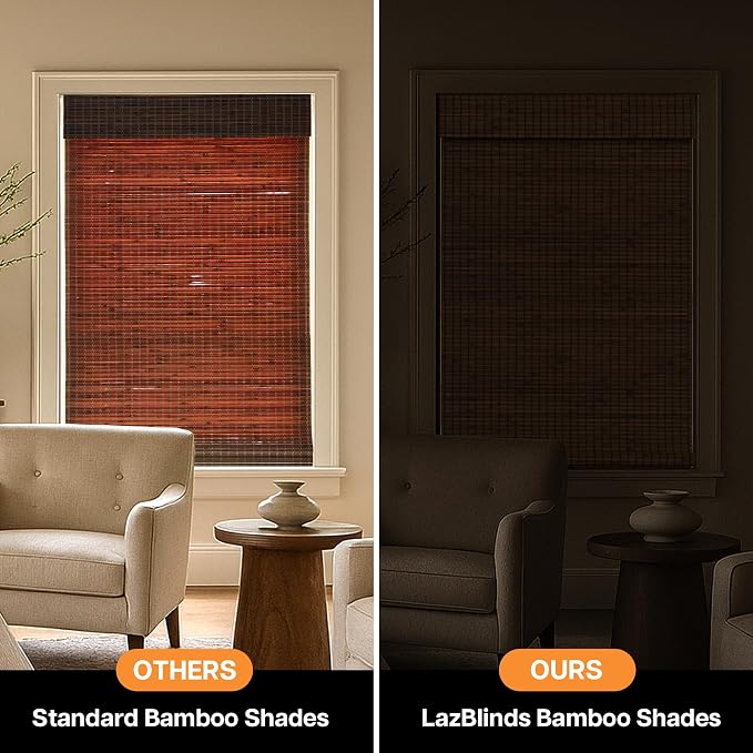 LazBlinds Cordless Blackout Bamboo Roman Shades, 32x64, Penang Teak | Room Darkening Blinds for Interior Windows, Thermal Insulated Roll Up Bamboo Blinds for Home & Patio