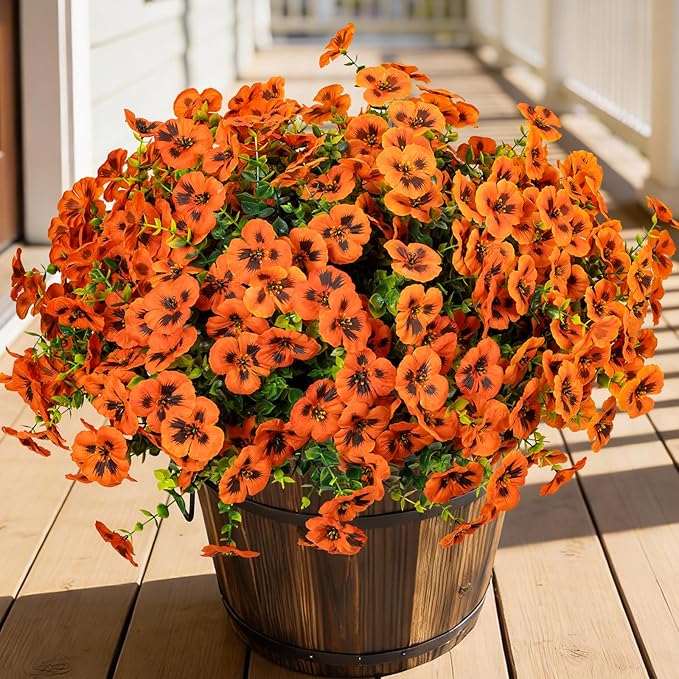 24 Pcs Artificial Fake Pansy Flowers for Outdoor,Faux Silk Plants Flowers UV Resistant Pansies Spring Flowers for Planter Front Door Porch Yard Patio Garden Window Box Home Decor(Orange)