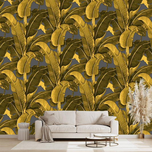 Vintage Gold Banana Leaf Bathroom wallpeper Living Room Bedroom Tropical Plant Wall Mural - 160"x108" (Not Peel and Stick)