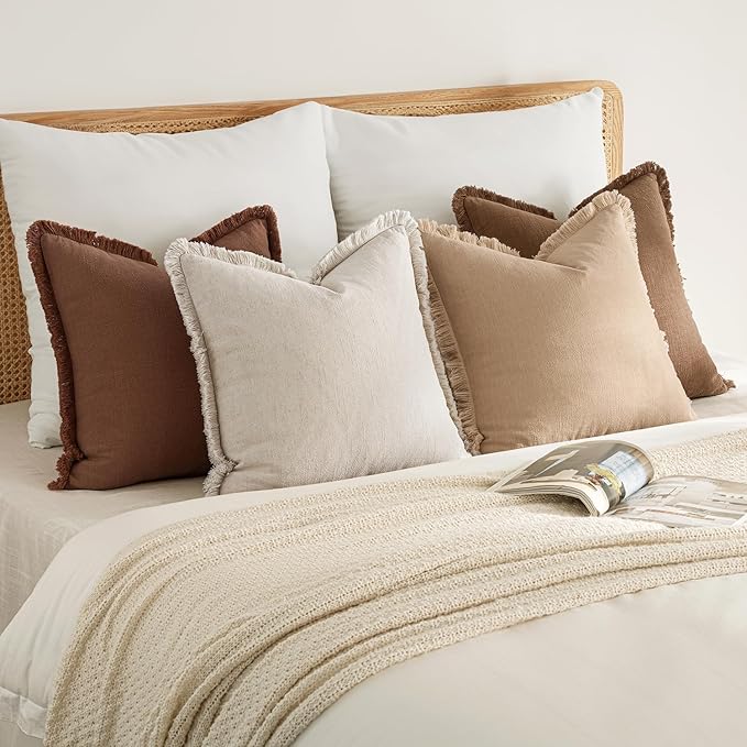 MIULEE Decorative Couch Pillow Covers Neutral Linen Fringe Throw Pillows Set of 4 Accent Rustic Cushions Boho Farmhouse Pillowcases for Bed Sofa Living Room Spring Home Decor 24x24 Inch Beige/Brown