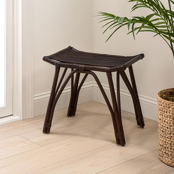 JONATHAN Y Gabriel 18" Handcrafted Rattan and Teak Wood Vanity Stool, Bohemian Backless Accent Ottoman Footstool, Dark Brown STL3005B