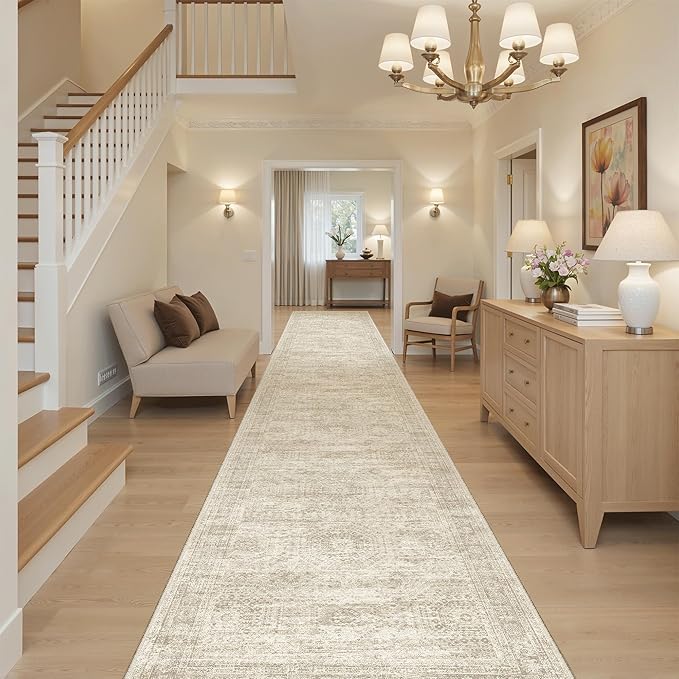 Soalmost Hallway Runner Rug 3x16 - Vintage Non Slip Washable 16ft Kitchen Runner for Entrance Soft Long Carpet Runners for Living Room Bedroom Dining Room, Beige
