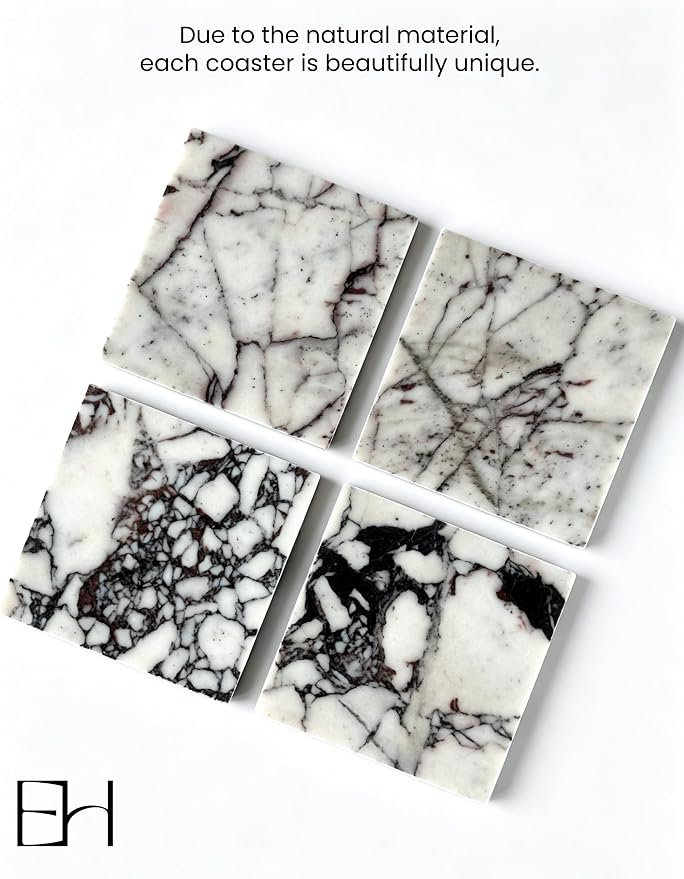 4" Square Calacatta Viola Marble Coasters Set of 4 for Coffee Table | Real Natural Stone Coasters, Non Slip Cork Backing, Modern Living Room and Office Desk Decor, Housewarming Gift