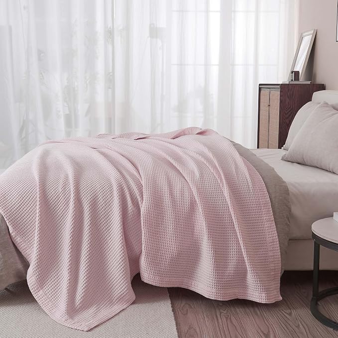 100% Cotton Pink Blanket Full/Queen Size for Bed - Breathable and Soft, Waffle Weave for Summer Spring, 90x90 Inches (Blush)