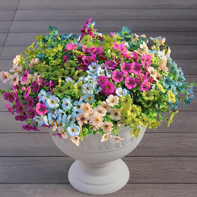 Faux Artificial Plants Flowers for Outdoor Planters Spring Summer Decor 16 Bundles Fake Eucalyptus Silk Daisy UV Resistant Realistic Used for Outside,Home,Front Porch,Patio,Yard Decorations