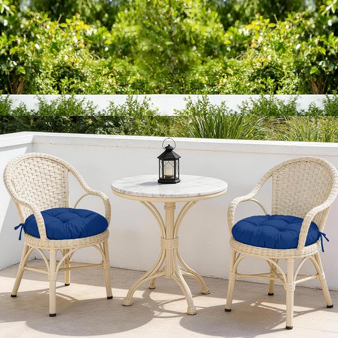 idee-home Outdoor Bistro Chair Cushions Set of 2, Round Seat Cushions | 18”x18”x 6” Thick Outdoor Round Seat Pads Tufted with Ties, Waterproof Patio Furniture Pads for Garden