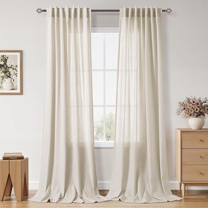 Nanspring Warm Beige Linen Curtains 108 Inches Long for Living Room Bedroom 2 Panels Set Extra Long Back Tab Curtain Light Filtering Sheer Drapes Floor to Ceiling Curtain for Large Windows 52x108