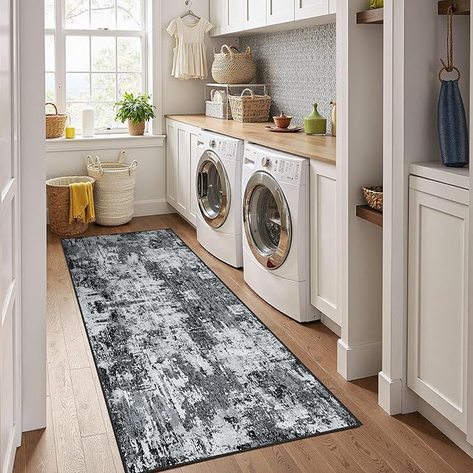 RELEANY Washable Area Rugs 2'x8' Non-Slip Modern Abstract Soft for Living Room Entryway Bedroom Nursery, Print Pattern, Black Navy Blue Gray