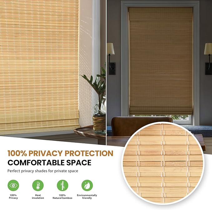 LazBlinds No Drill Bamboo Roman Shades, 21x64, DP-Natural | Privacy Room Darkening Window Treatment, No Tools Cordless Roll Up Bamboo Blinds for Window