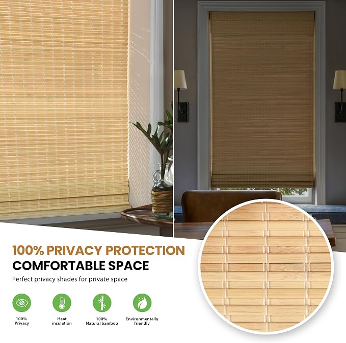 LazBlinds No Drill Bamboo Roman Shades, 26x64, DP-Natural | Privacy Room Darkening Window Treatment, No Tools Cordless Roll Up Bamboo Blinds for Window