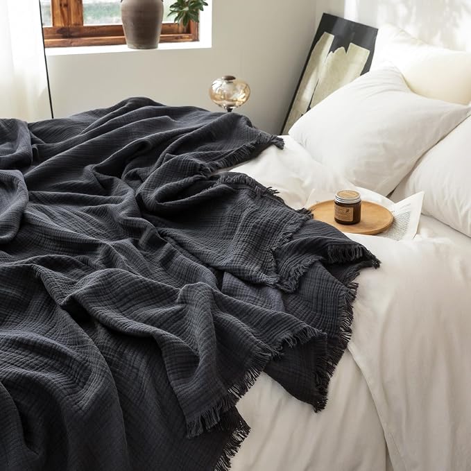 FOSSA Muslin Blanket 4-Layer 100% Cotton Gauze Blanket with Fringe 50"x60" | Super Soft Breathable Lightweight All Season & Decorative Blanket or Bed, Sofa, Office (Dark Gray,Throw)