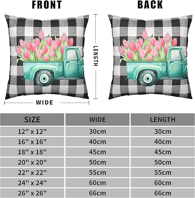 Pink Tulip Buffalo Plaid Pillow Covers 24x24 Blue Vintage Truck Throw Pillow Covers Spring Summer Flower Pillowcase for Living Room Farmhouse Sofa, Cotton Linen