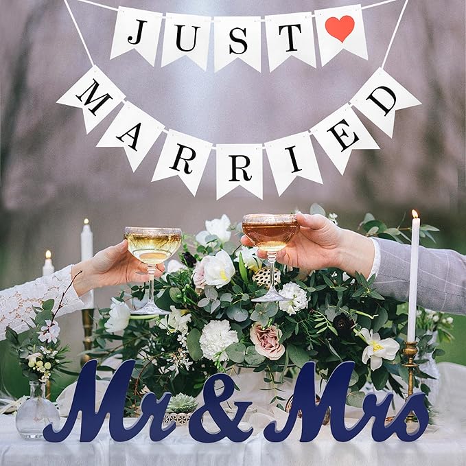 Mr Mrs Sign with Just Married Banner for Wedding Table, Mr and Mrs Wooden Letters, Mr. & Mrs. Wedding Decoration Items, Anniversary Party Vintage Decor (Navy blue W/banner)