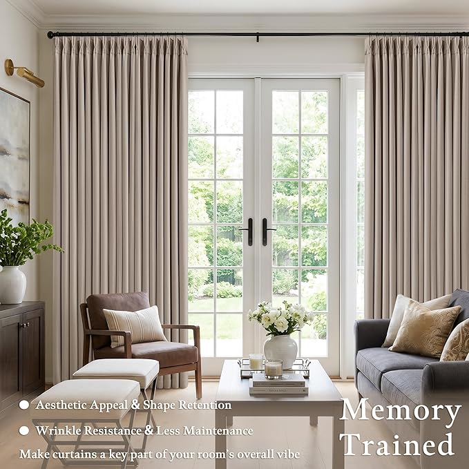 60 Inch Extra Wide 100% Blackout Curtains 102 Inches Long 1 Panel for Bedroom, Burlywood Birch Memory Trained Pleated Thick Linen Thermal Noise Reducing Windows Curtain Light Blocking Drapes 60x102