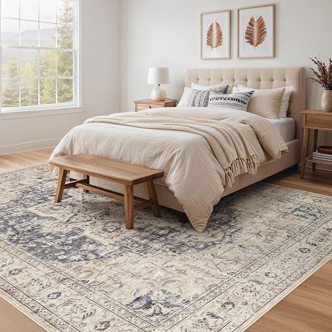 Tortania Area Rug Living Room Rugs - 10x12 Washable Boho Rug Vintage Oriental Distressed Farmhouse Large Thin Indoor Carpet for Living Room Bedroom Under Dining Table Home Office - Cream Blue
