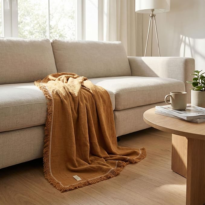 Odin Waffle Throw Blanket with Tassels, 50x66 Inch, 100% Turkish Cotton, Oeko-TEX Certified, Breathable Lightweight Throw for Couch, Sofa & Bed, Made in Turkey, Mustard