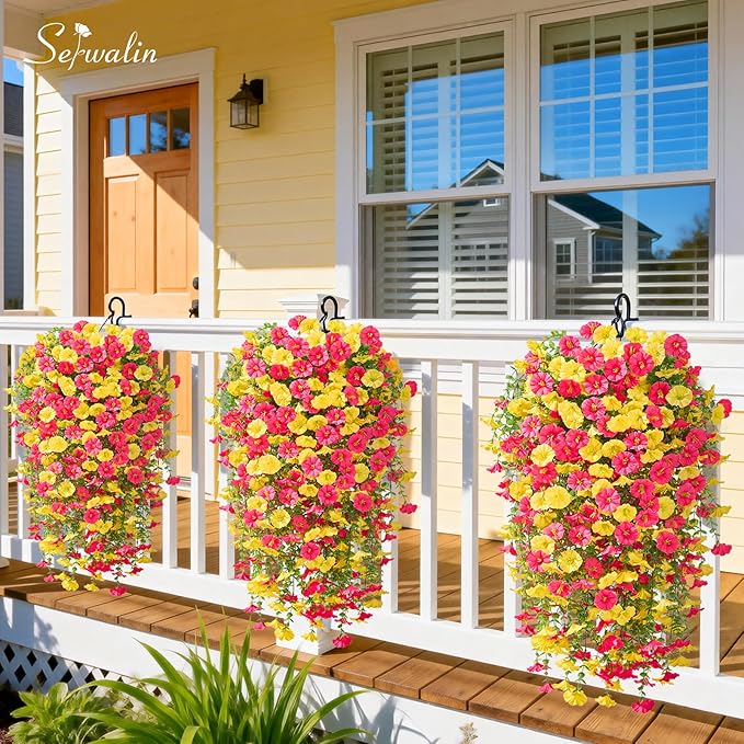 Serwalin Artificial Hanging Flowers for Outdoors UV Resistant, 8PCS Faux Morning Glory Fake Outdoor Flowers Realistic Silk Flower Faux Plants for Outside Planter Front Door Porch Patio Yard Decor