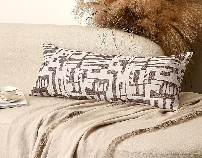 Long Lumbar Pillow Cushion Cover 14x36, Double Sided Modern Geometric High-Density Jacquard Polyester Pillow Cover for Sofa, Bed, Bench, Bedroom, Living Room (Brown)