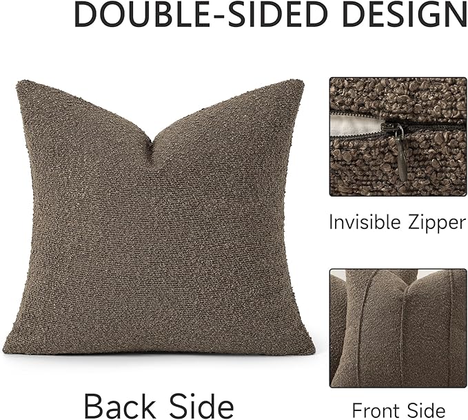 YCOLL Textured Boucle Throw Pillow Covers 20x20 Pack of 2 - Soft Neutral Striped Cushion Covers, Cozy Accent Decorative Pillow Covers for Couch, Sofa, Bed, Living Room (Brown)