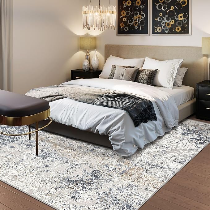 DMOYEST Square Area Rug Living Room Rugs - 8x8 Washable Large Soft Indoor Neutral Modern Abstract Low Pile Rug Carpet for Bedroom Dining Room Farmhouse Home Office - Beige Blue