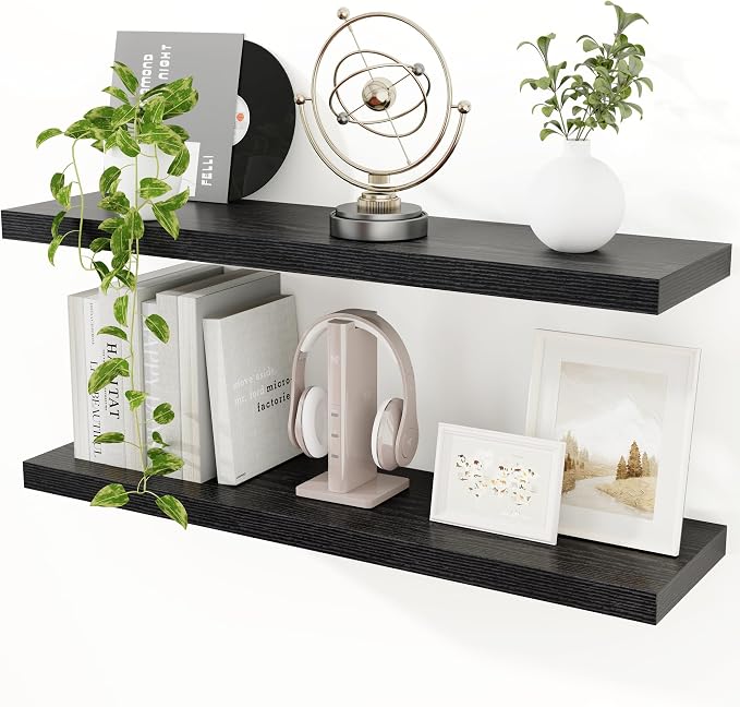 Black Floating Shelves for Wall, 36 inch Wooden Wall Mounted Shelves, 9.3in Deep Floating Book Shelves, Large Display Shelves for Bathroom Kitchen Living Room, 36"W x 9.3"D x 1.5"H, 2 Packs