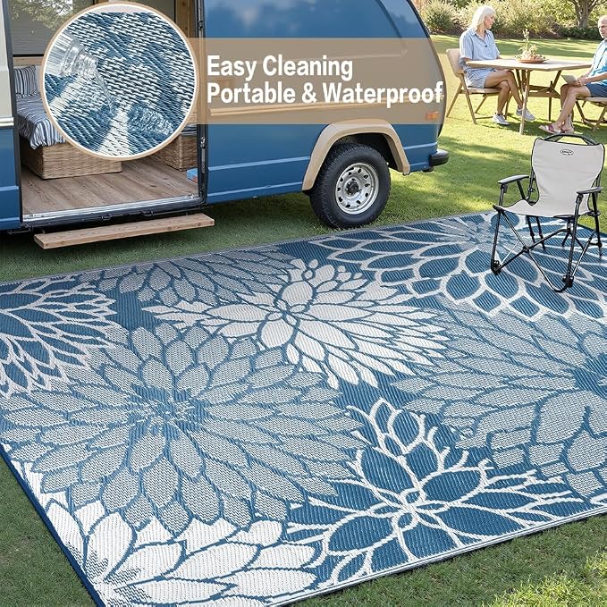 HUGEAR 8'x10' Outdoor Rug Waterproof Plastic Straw Rugs Large Blue Reversible Floral Mat Floor Carpet for Camping RV Deck Entryance Porch Picnic Balcony Beach Backyard