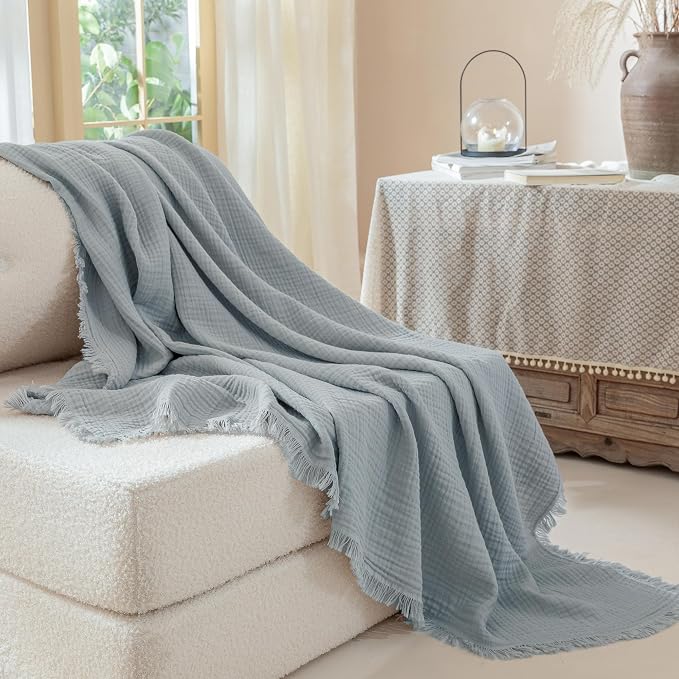 Muslin Fringe Blankets for Adults: 100% Cotton Cloud Soft | 4-Layer Gauze Breathable Lightweight All Season Throw Blanket for Bed Couch Sofa Office