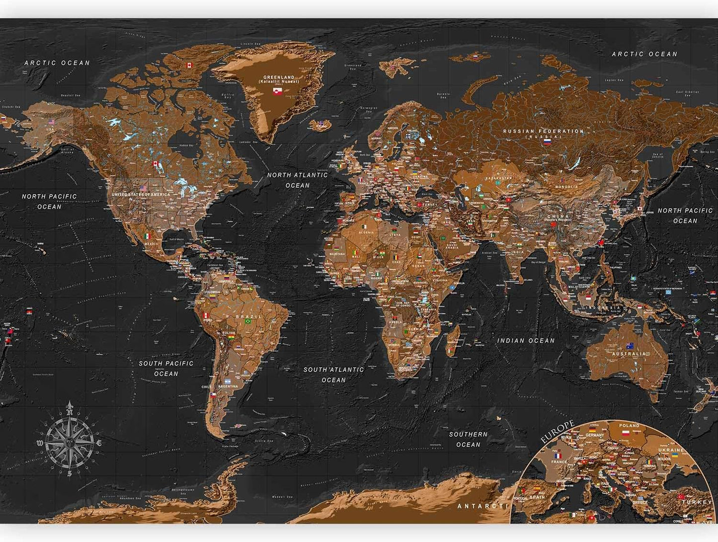 artgeist Premium Wall Mural World Map 177x124 in - XXL Non-Woven Wallpaper Fleece Wall Decor Photo Print Picture Image Design Home Map of The World k-A-0206-a-a