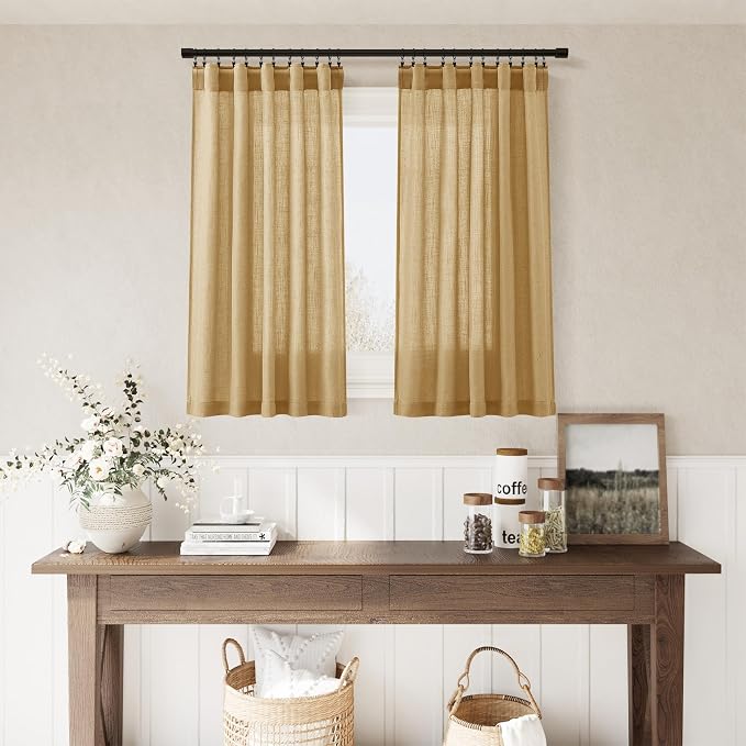 Gold Yellow Linen Cafe Curtains 30 Inch Length Privacy Light Filtering Semi Sheer Front Door Small Window Curtain Back Tab Rod Pocket Pleated Short Drapes for Bathroom Kitchen Basement RV 30Wx30L
