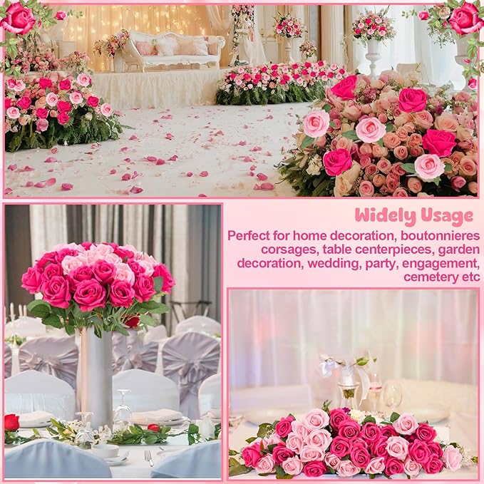 36 Pcs Pink, Hot Pink Artificial Roses with Long Stems, Fake Silk Rose Artificial Flowers Bulk for Bridal Wedding Bouquet Centerpiece Ball Arrangement Party Decor