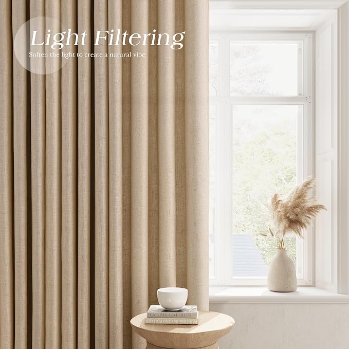 Taupe Burlywood Linen Curtains 84 Inches Long for Living Room Light Filtering Semi Sheer Curtain Grommet Rustic Luxury Neutral Modern Farmhouse Sheer Drapes for Bedroom Dinner Room 52x84, 2 Panels