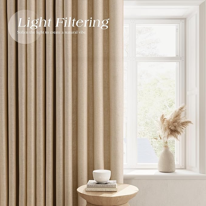 Taupe Burlywood Linen Curtains 96 Inches Long for Living Room Grommet Privacy Light Filtering Luxury Neutral Sheer Window Decor Lightweight Breathable Drapes for Bedroom Dinner Room 52x96, 2 Panels
