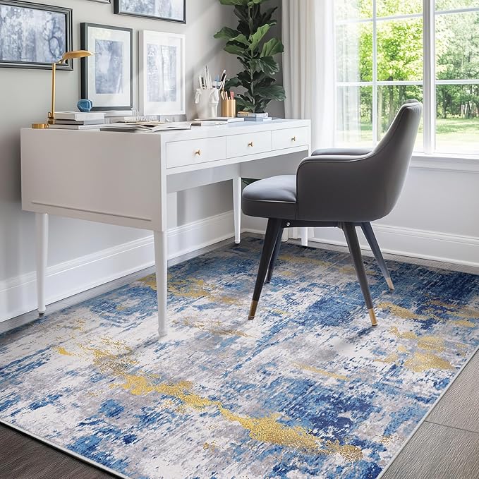 RELEANY Washable Area Rugs 4'x5' Non-Slip Modern Abstract Soft for Living Room Entryway Bedroom Nursery, Print Pattern, Grey Blue Gold/Golden