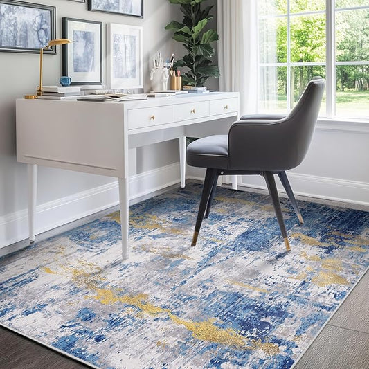 RELEANY Washable Area Rugs 4'x6' Non-Slip Modern Abstract Soft for Living Room Entryway Bedroom Nursery, Print Pattern, Grey Blue Gold/Golden