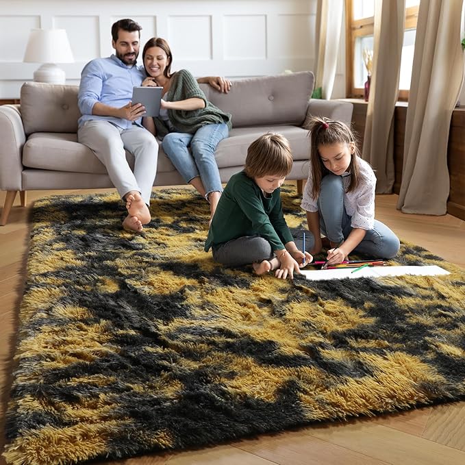 PAGISOFE 4x6 Black and Yellow Bedroom Rugs, Fluffy Modern Living Room Area Rug, Fuzzy Shaggy Carpet, Indoor Plush Rugs for Kids Room Furry Floor Rug for Boys Room Decor Carpet for Teen Dorm Nursery